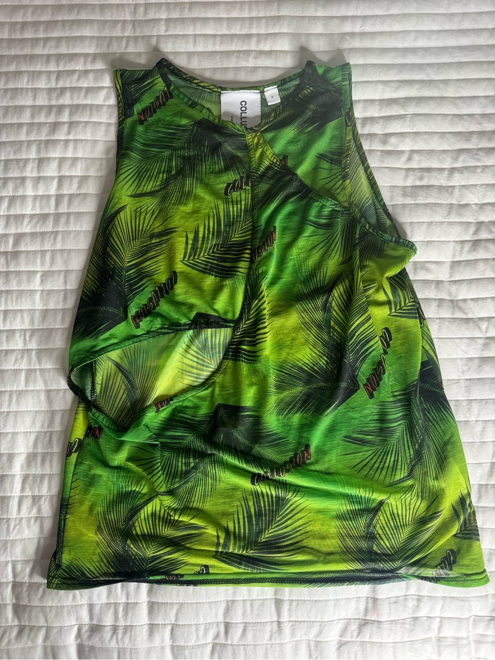 COLLUSION Men's Neon Green Tropical Cutout Tank Top - Picture 2 of 5